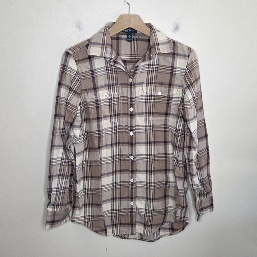 LRL Lauren Jeans Co | Tan Plaid Flannel Button Front Shirt Size Small